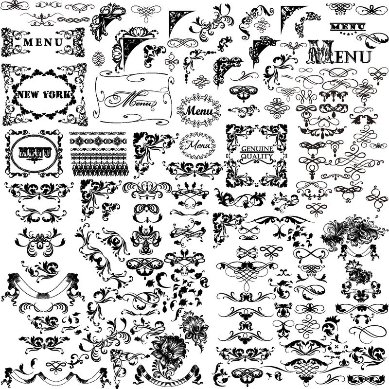 复古装饰矢量元素集-繁荣-漩涡-框架-边界