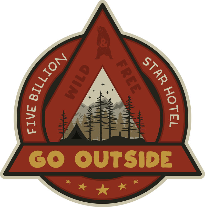 山地野营徽章设计-独特的户外旅行标志图案-带帐篷树木和报价