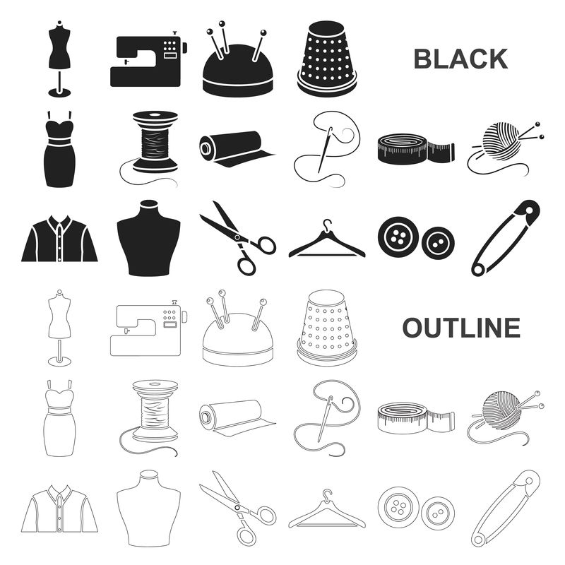 工作室和缝纫黑色图标在集合设计-用于缝纫矢量符号的设备和工具