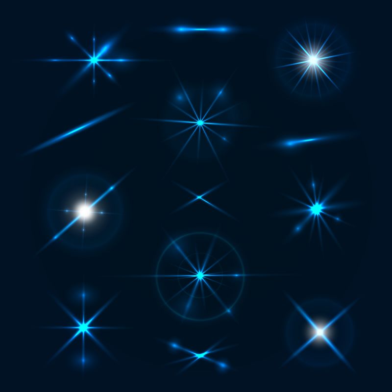 蓝光效果集合-带有发光的星星圆形的斑点以及黑暗背景上的闪烁效果-矢量图解