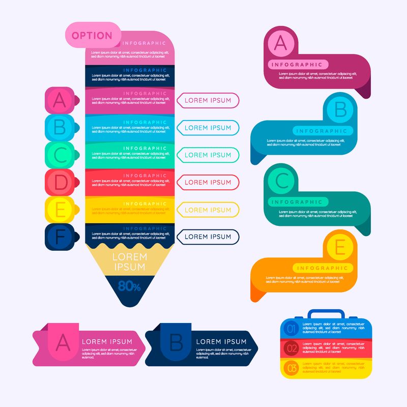 信息图表设计的四个要素的集合-一步一步的信息图表设计模板-矢量图解