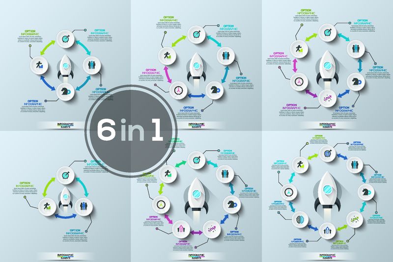 收集六个现代信息图表设计模板-白色圆形元素-带有细线图标和文本框-放置在火箭周围-向上飞去-启动启动的概念-矢量图