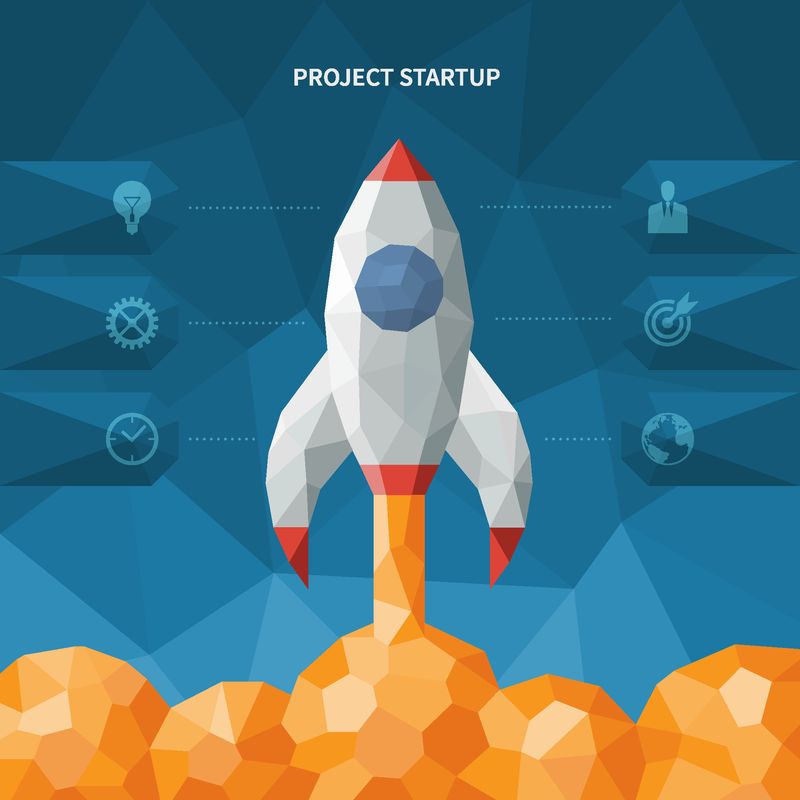 现代几何多边形式新商业项目启动概念与火箭发射-矢量图解