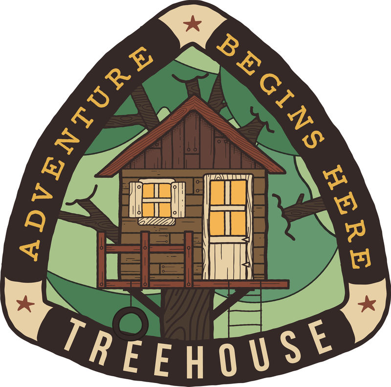 野营徽章插图设计-带有树屋树和报价的与众不同的户外旅行标志图案