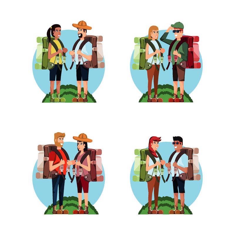 一组游客和设置图标