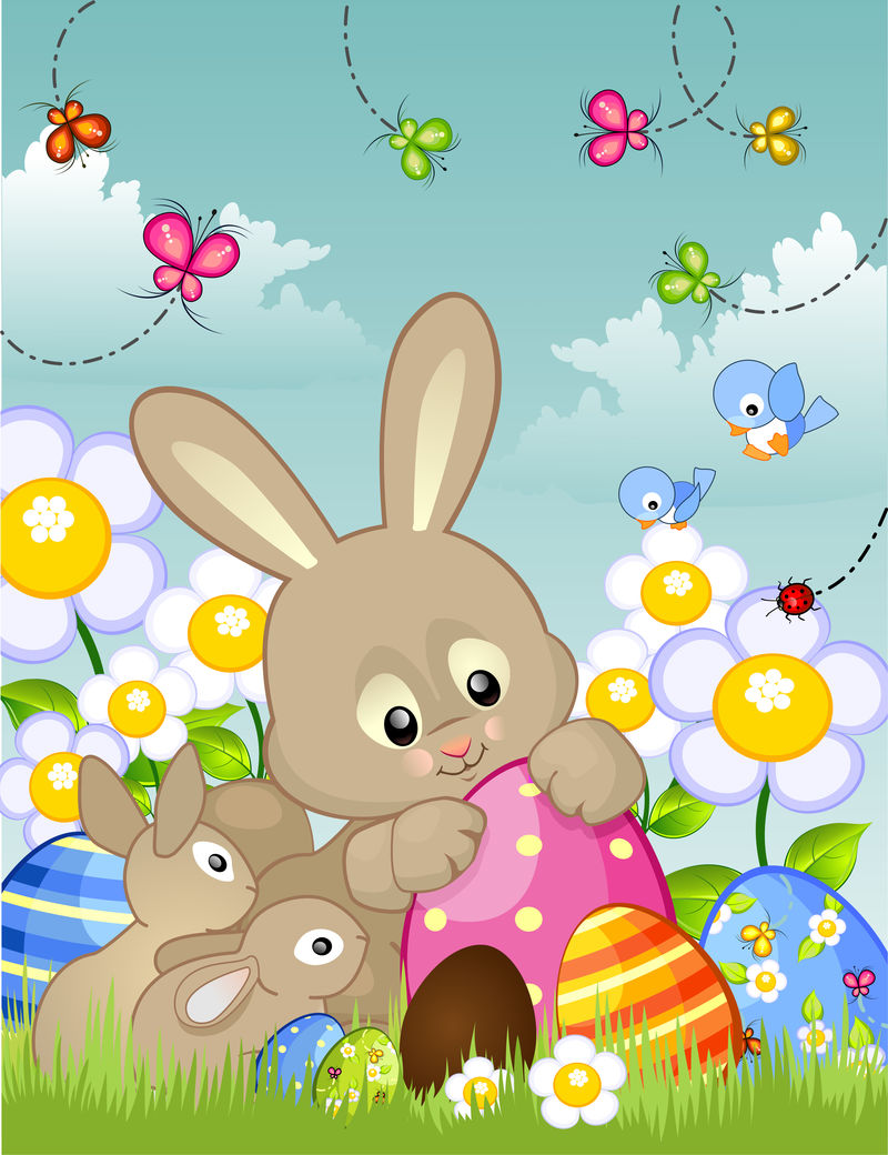 在春天阳光明媚的日子里-小灰兔在自家前草坪上的绿草上画复活节彩蛋-这是一幅卡通风格的矢量图