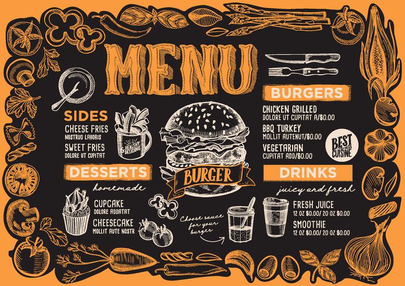 餐厅的百吉饼和三明治菜单模板在黑板背景上-食物和饮料咖啡馆的矢量插图小册子-设计复古字体和手工蔬菜框架