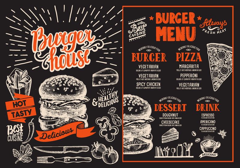 汉堡餐厅菜单-酒吧和咖啡馆的矢量食品传单-带有复古手绘插图的设计模板