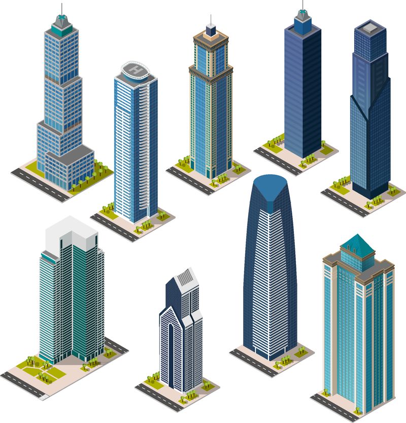 等距摩天大楼和办公楼房屋道路和公园-设置矢量标志-孤立的建筑物-平面向量
