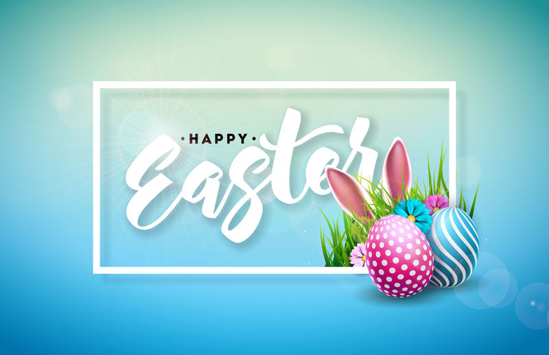 矢量图描绘了复活节快乐的日子彩蛋兔子耳朵和亮蓝色背景上的春花具有贺卡聚会邀请或促销横幅印刷的国际庆典设计
