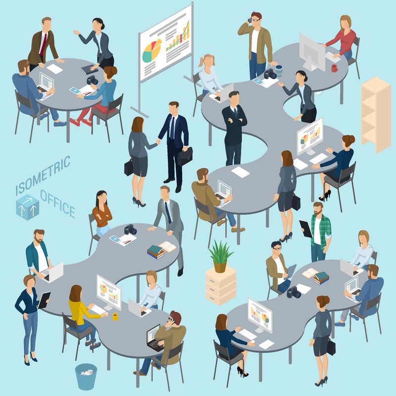 等距三维平面设计矢量办公室-站立和坐着的商人有着不同的性格风格和职业-等距男女表演团队-前后视图收集