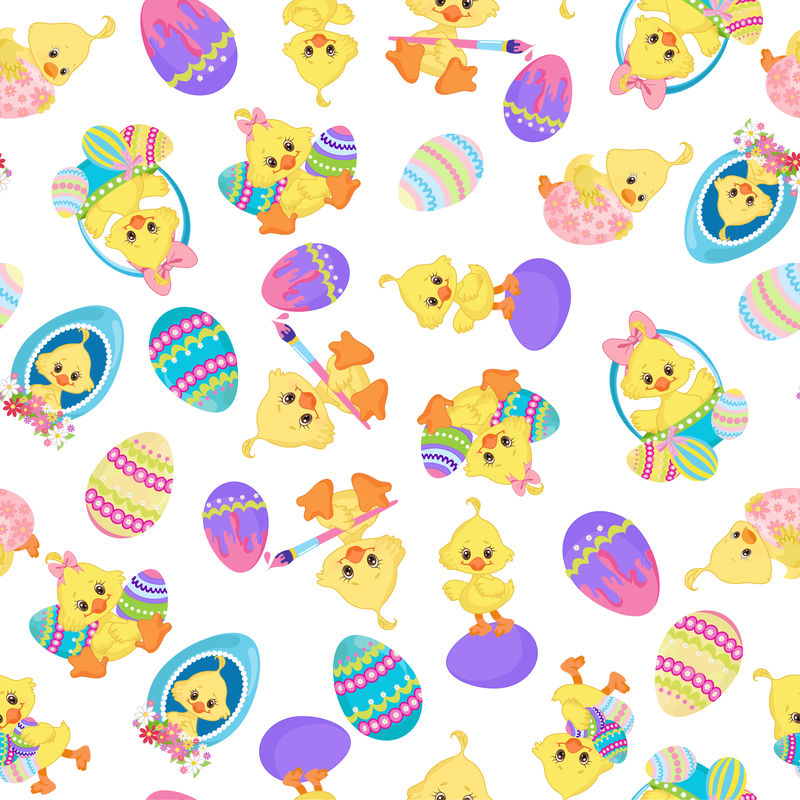 带复活节兔子小鸡和四种颜色的花的无缝矢量图案