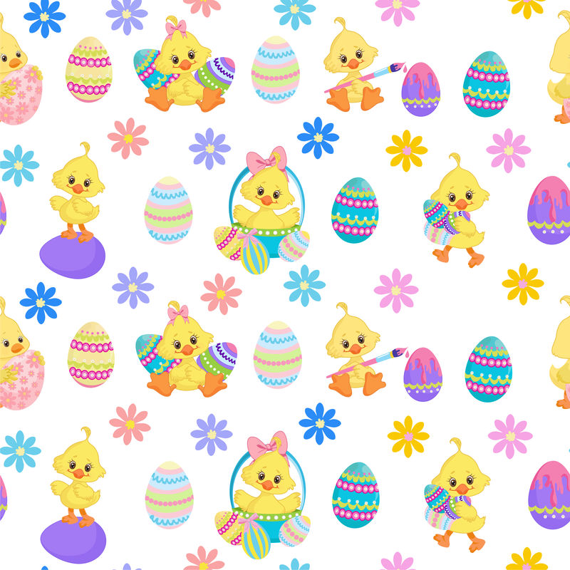 鲜花和复活节彩蛋的无缝多色图案及各种装饰品