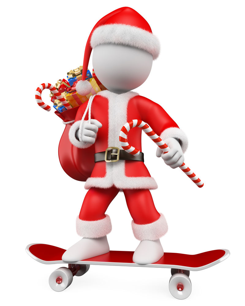 白色圣诞的3D人物圣诞老人骑滑板