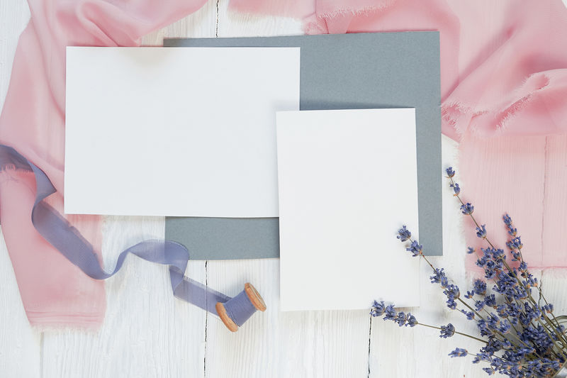 粉色和蓝色背景上的白色空白卡片色带