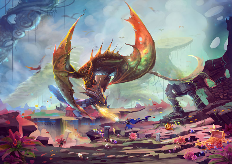 创意插画与创新艺术：宝地骑士与龙搏斗逼真梦幻般的卡通风格艺术作品场景壁纸故事背景卡片设计