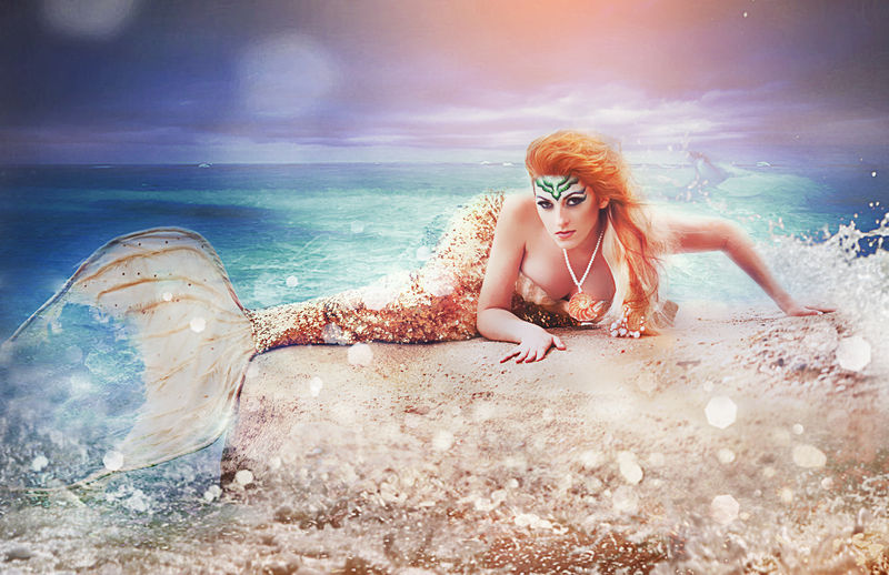 美丽的美人鱼坐在海边的岩石上