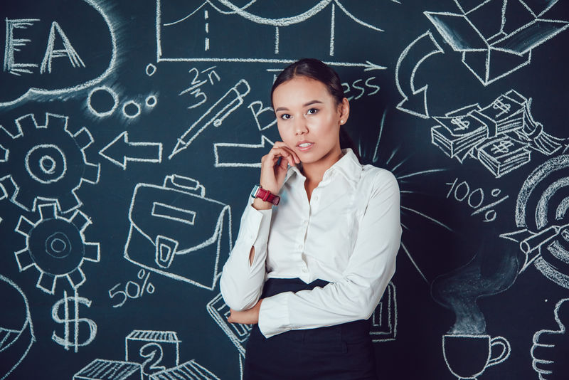 一位亚洲女商人站在背景上的照片