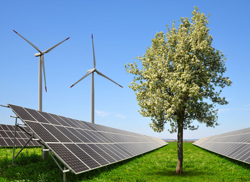 带有风力涡轮机的太阳能电池板清洁能源的概念