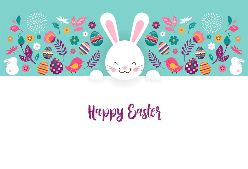 复活节快乐印有鲜花鸡蛋和兔子的矢量旗