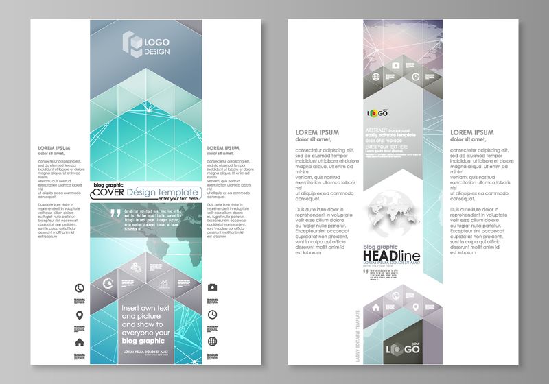 抽象的极简矢量插图的可编辑布局两个现代博客图形页面的实体设计模板-分子结构-连接线和点-技术概念