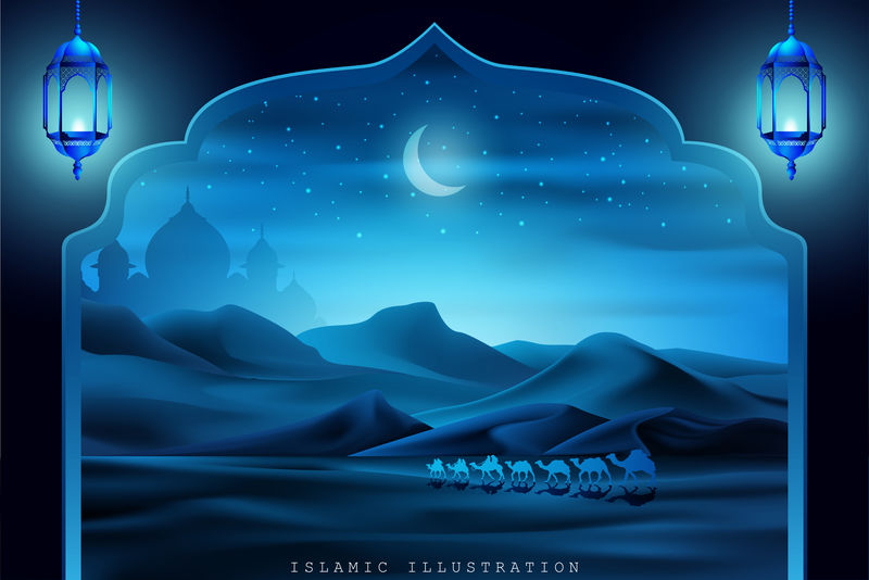 的一片土地-夜晚骑着骆驼-伴随着闪烁的星星清真寺灯笼-以说明教的背景
