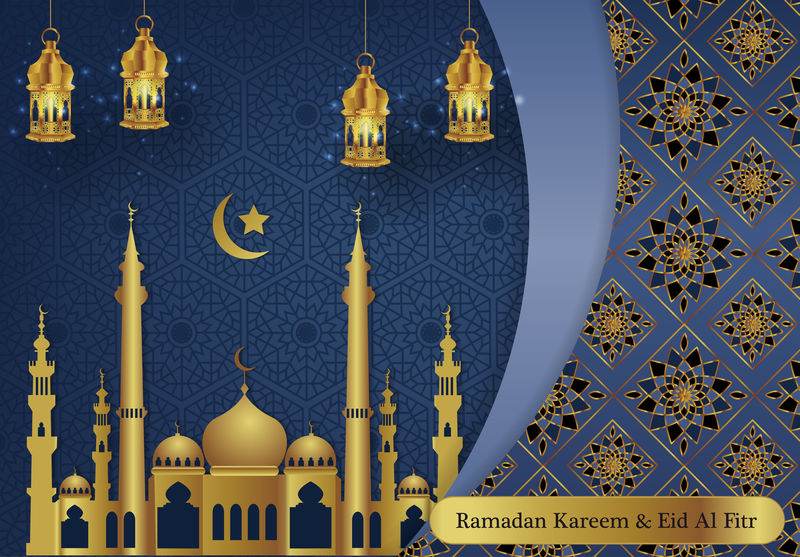 现代斋月卡雷姆和快乐的Eid穆巴拉克背景矢量与三维灯笼图标-灯光-博基元素矢量