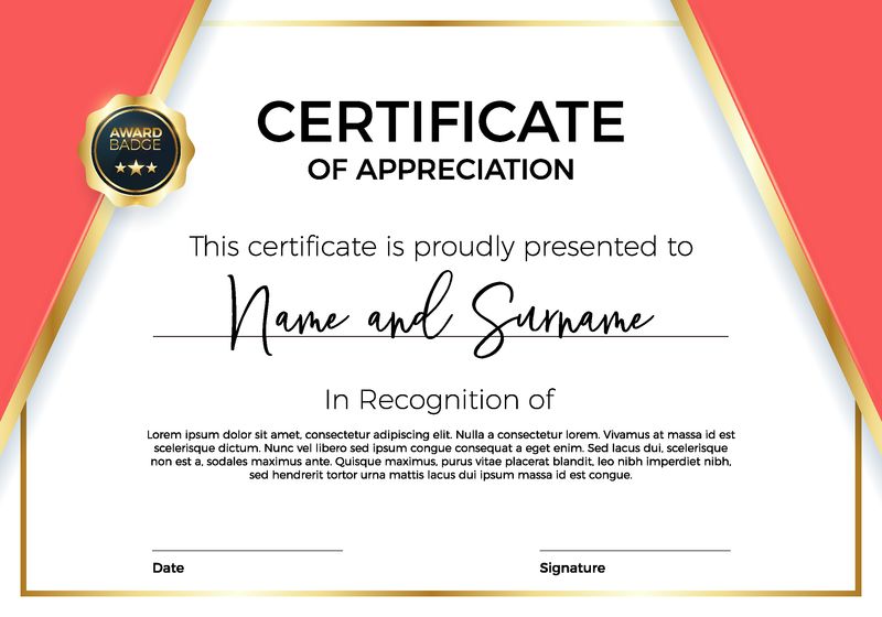 有奖励徽章的赞赏或成就证书-奖励和文凭的高级矢量模板-现代奢华优雅简约的设计