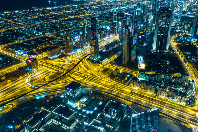 迪拜市中心夜景与城市灯光