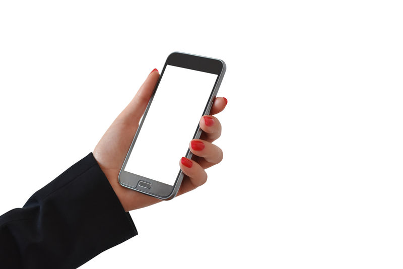 女性手外套套白色背景下独立放置现代智能手机