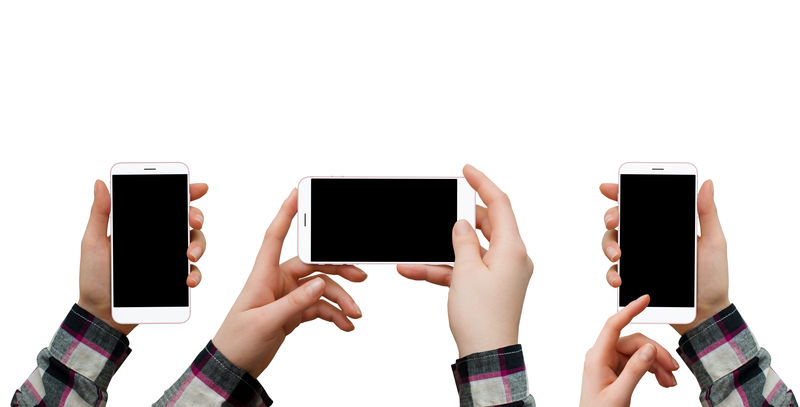 女握手机拼贴白底纵横隔离