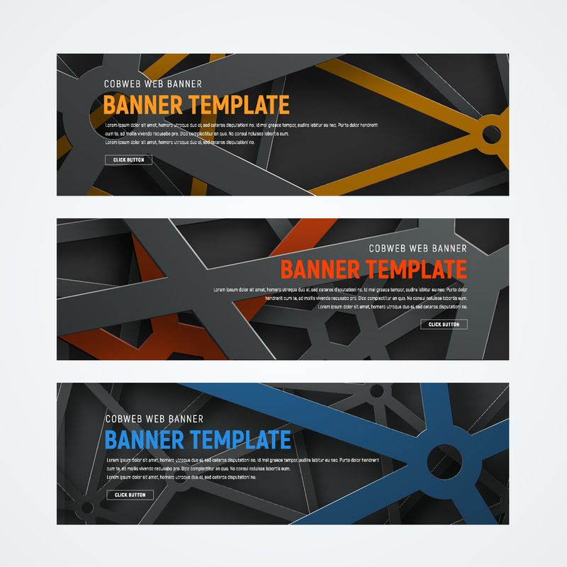 背景上有交叉线的水平Web横幅集-黑色红色和蓝色金属蛛网模板-矢量图解
