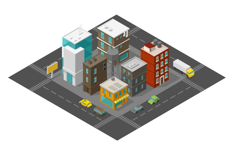 城市街道区四分之一等距线周围的道路汽车和建筑镇顶视图三维矢量图