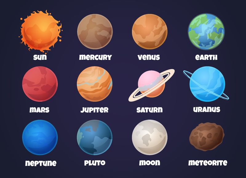 太阳系行星 卡通水星和金星 地球和火星 木星和土星 天王星和海王星 天文学矢量集素材 高清图片 摄影照片 寻图免费打包下载