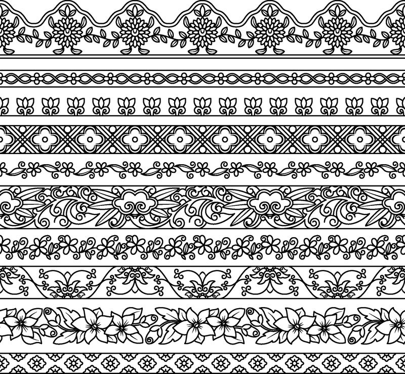 用于装饰的花卉元素矢量集-框架边框和背景的无缝图案-详细的装饰图案-黑白色
