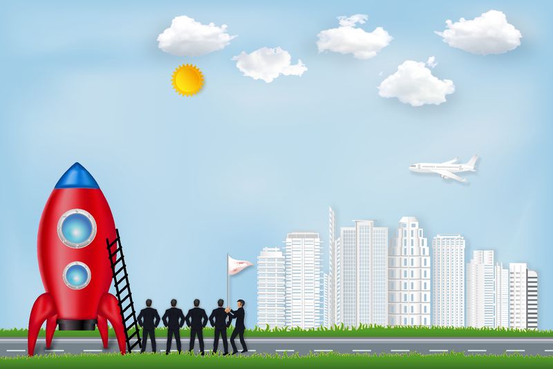 火箭发射在整个项目日作为商业成功的概念-矢量图