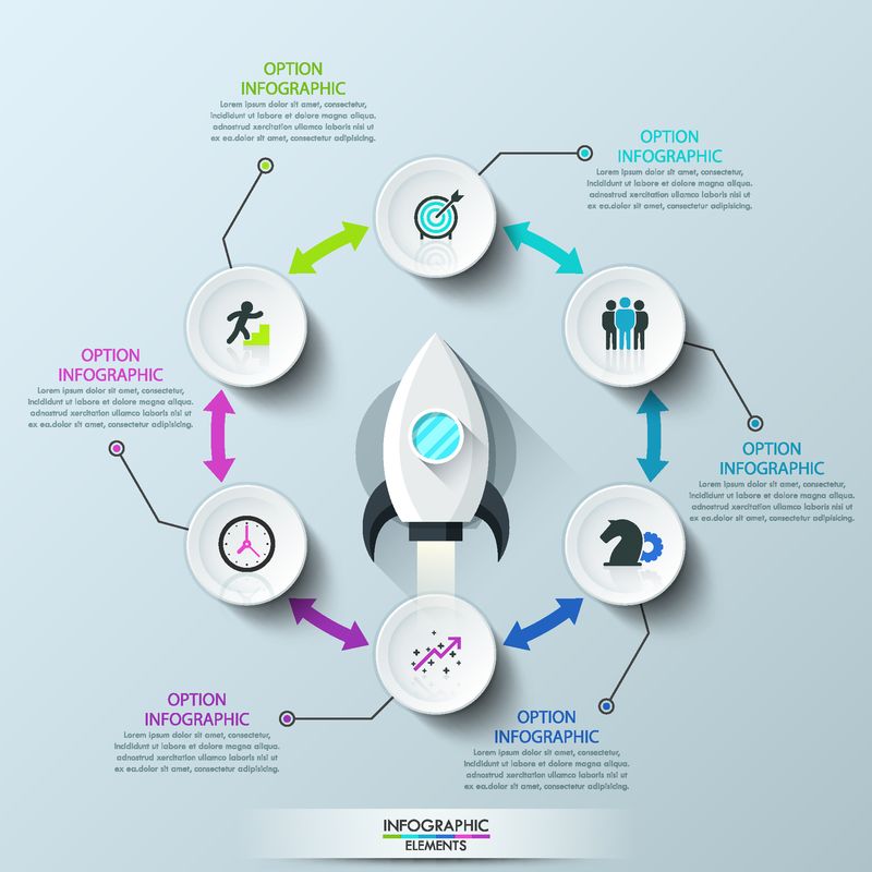 信息图形设计模板：6个圆形元素-由双头箭头连接-太空船在中心起飞-成功启动公司-用于报告演示的矢量图