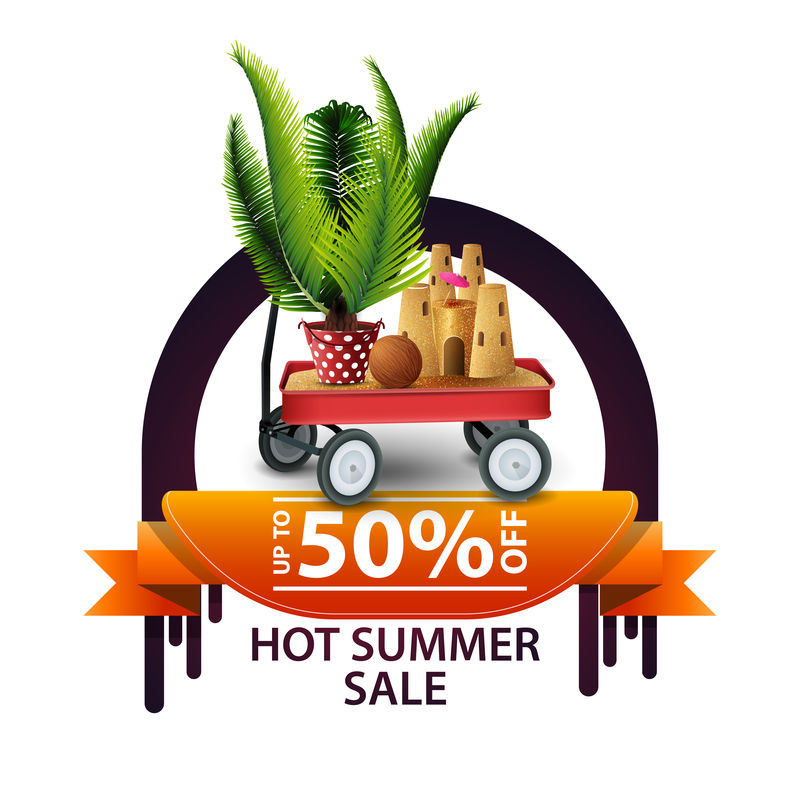 夏季热销网站圆形折扣横幅带沙沙堡和盆栽棕榈园推车
