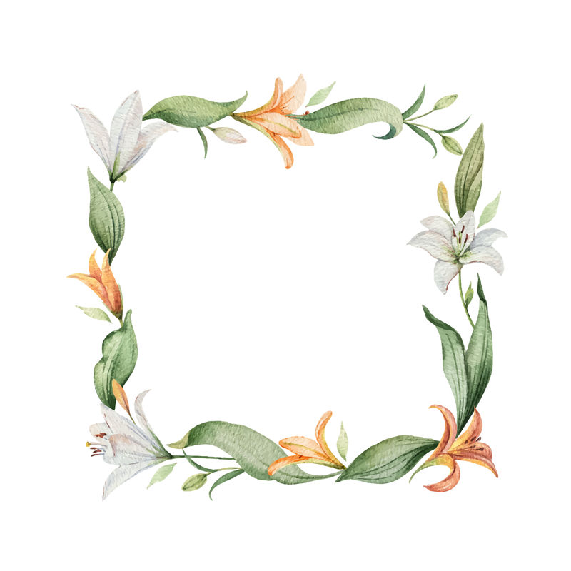 橙色百合花和绿色叶子的水彩矢量花环