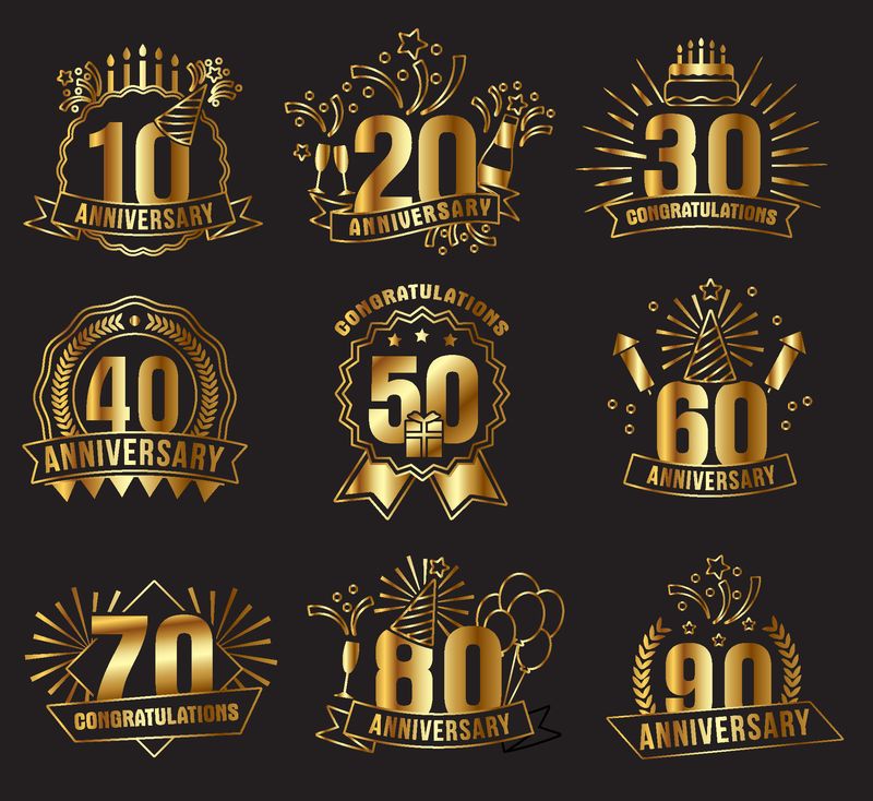周年纪念金数字集-节日组成和问候-与烟花和星星海报和卡片装饰-黑色背景上的平面式矢量图-金色徽章