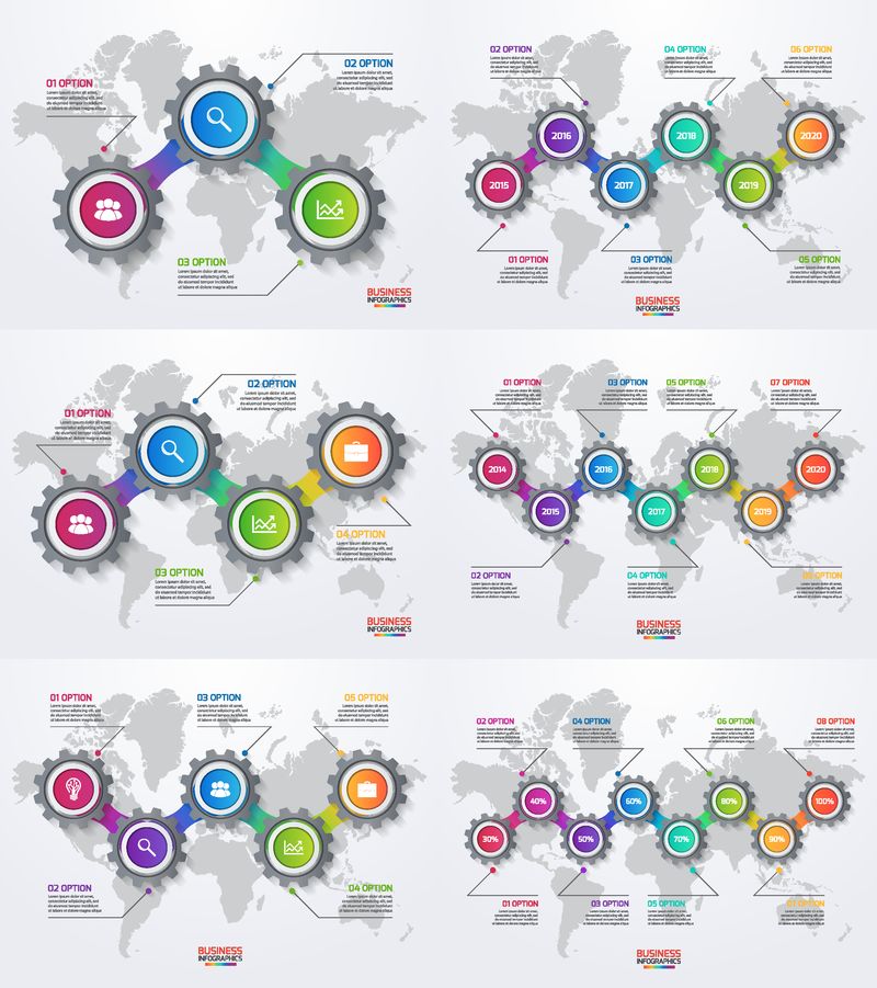 带有齿轮和世界地图的矢量信息图模板集-具有选项部件步骤流程的业务和行业概念