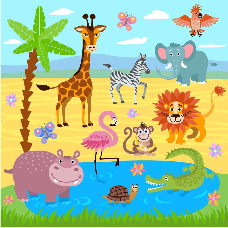 婴儿丛林和野生动物园动物矢量自然背景