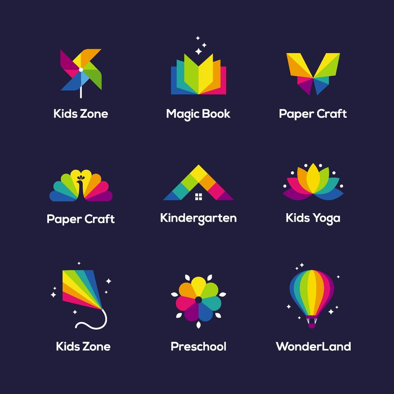 明亮多彩的图标集书籍-风车玩具-蝴蝶-孔雀-屋顶-莲花-风筝和空气气球隔离在深蓝色的背景-儿童儿童创意标志设计