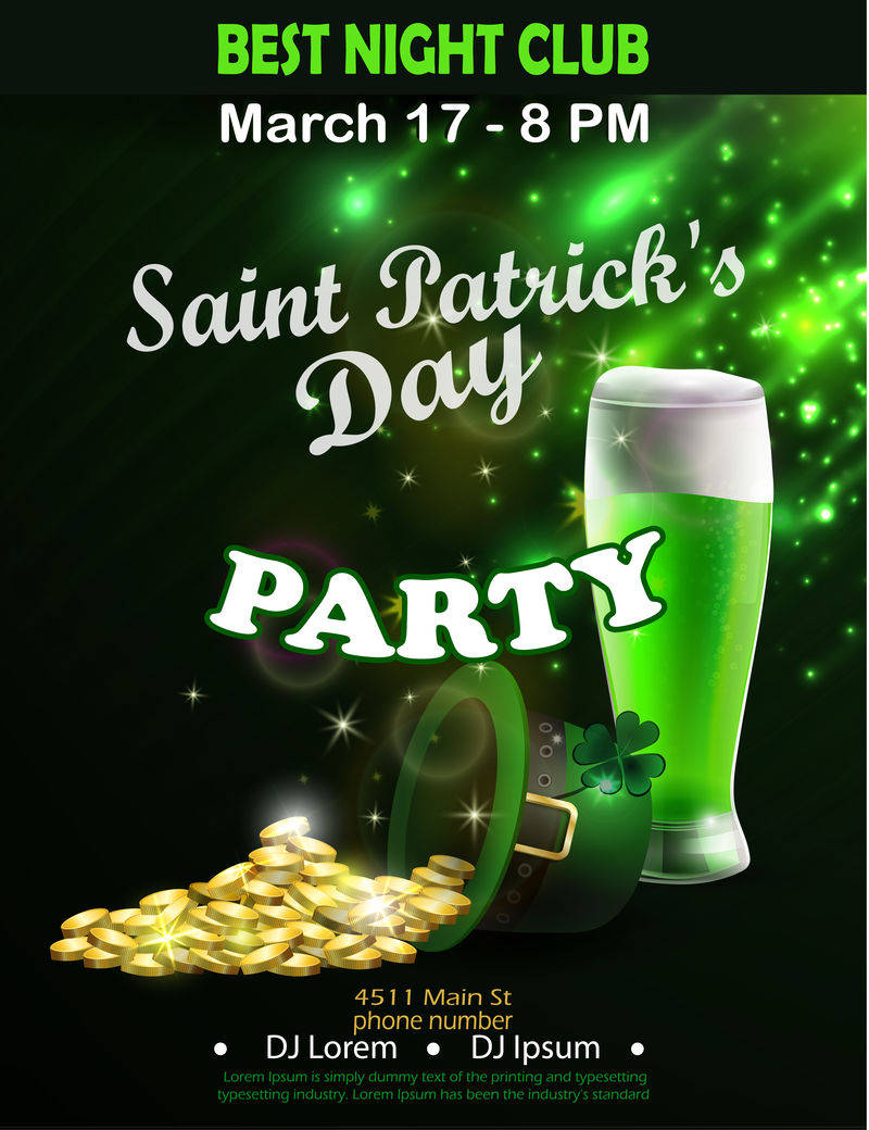 爱尔兰圣帕特里克节派对海报迪斯科夜标语牌