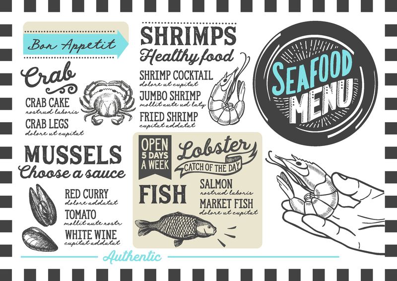 餐厅和咖啡厅的海鲜菜单-带有手绘图形插图的设计模板