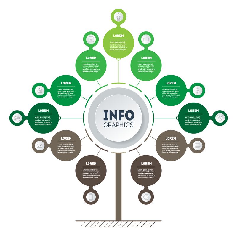 具有11个选项部件步骤或流程的业务演示概念-垂直时间线信息图形-生态企业发展与成长之树-趋势信息图和趋势图