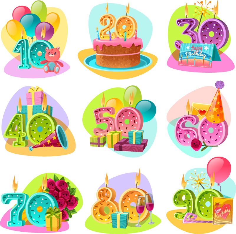生日蛋糕的周年纪念蜡烛编号-带有庆祝配件和礼物-复古套装独立矢量图