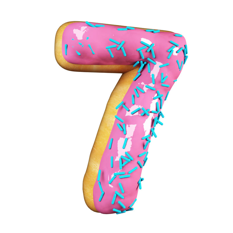 玫瑰釉甜甜圈字体概念与蓝色洒美味的7号独立于白色背景的三维渲染