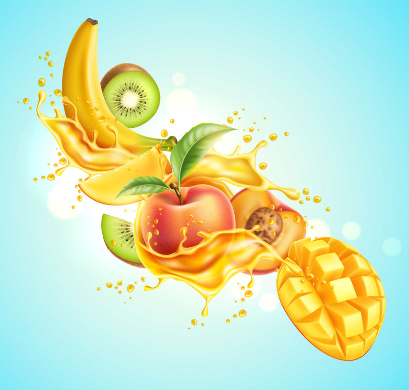 多汁爆炸中的矢量现实热带水果