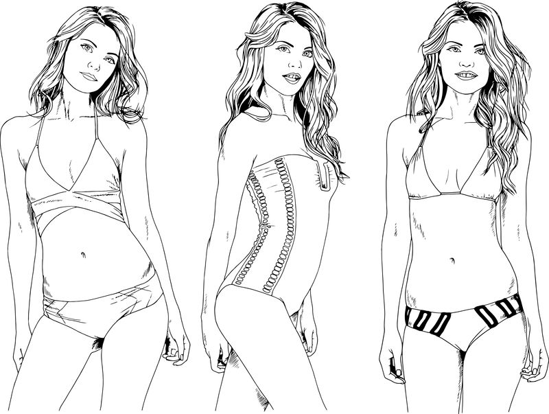 矢量图描绘了漂亮的女孩-穿着泳衣-穿着性感的姿势-用手绘墨水-没有背景的物体